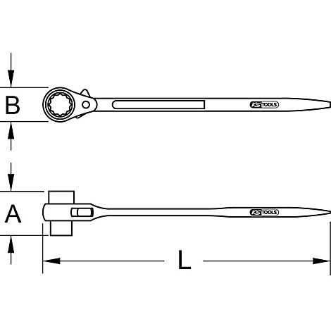 Technische Zeichnung eines Schraubenschlüssels. Oben mit Bemaßung, unten mit A und L. Links Kugelgelenk. Aufschrift: KS TOOLS.
